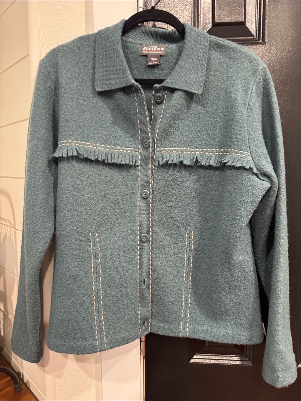 Woolrich Teal Fringe-Trim Button-Up Jacket